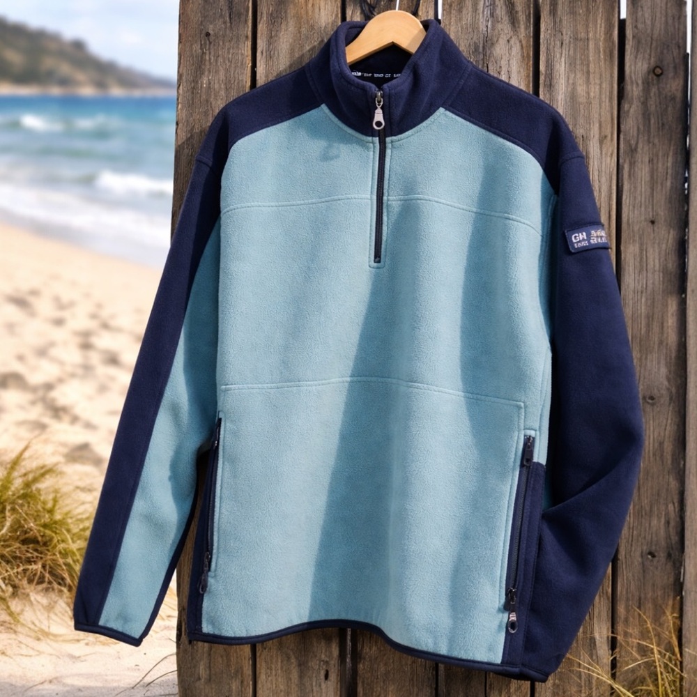 G.H. BASS Colorblock Fleece Quarter Zip Pullover Navy Teal Coastal Men’s Large